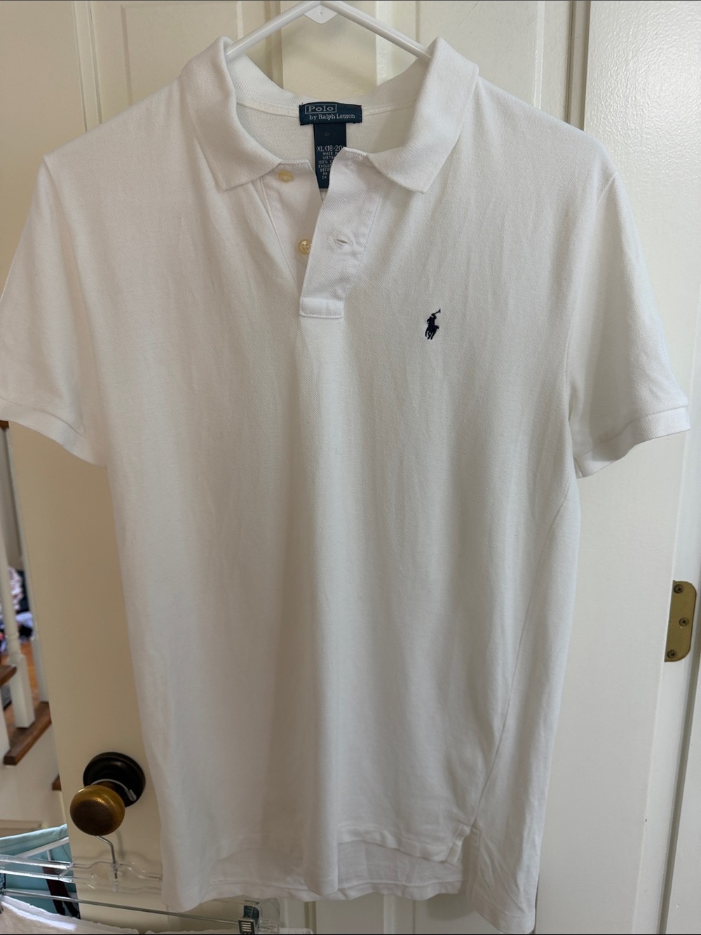 EUC POLO RALPH LAUREN White Boys Polo with Navy logo golf shirt short sleeve